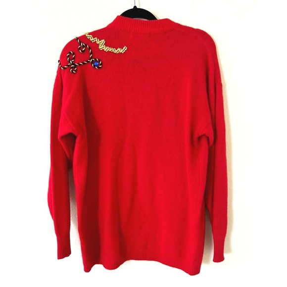 Vintage L'eau Vive Red Lambswool Blend Embellished Christmas Holiday Sweater M - Picture 2 of 8
